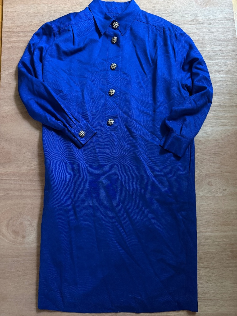 Vintage ROUIE 100% silk dress size 8 royal blue gold buttons pockets classic